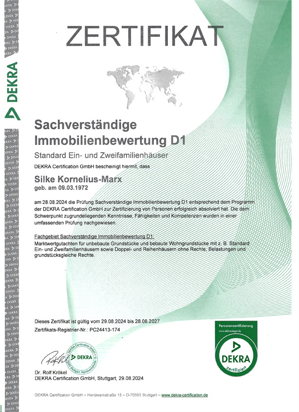 DEKRA Zertifikat - Sachverständige Immobilienbewertung D1